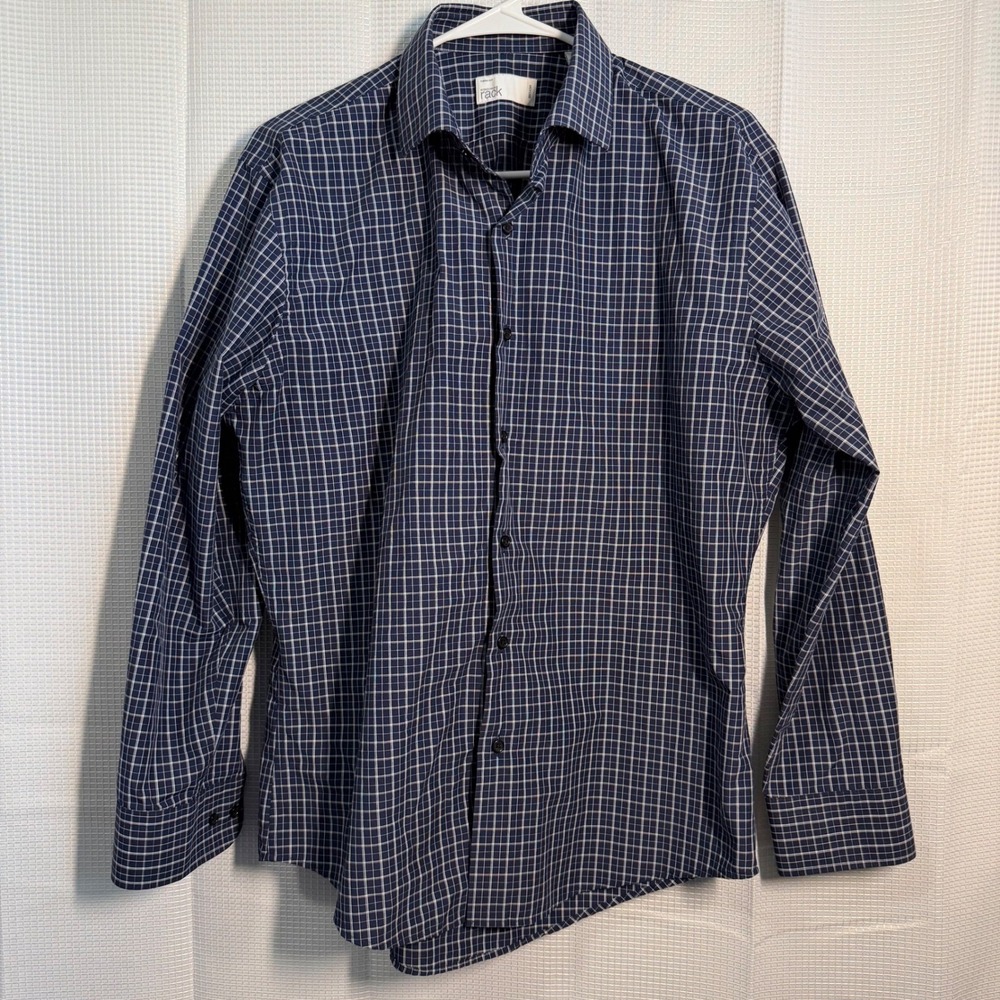 Nordstrom Rack Dress Shirt 16‎ 32/33 Blue Check Trim Fit Easy Care Button Down